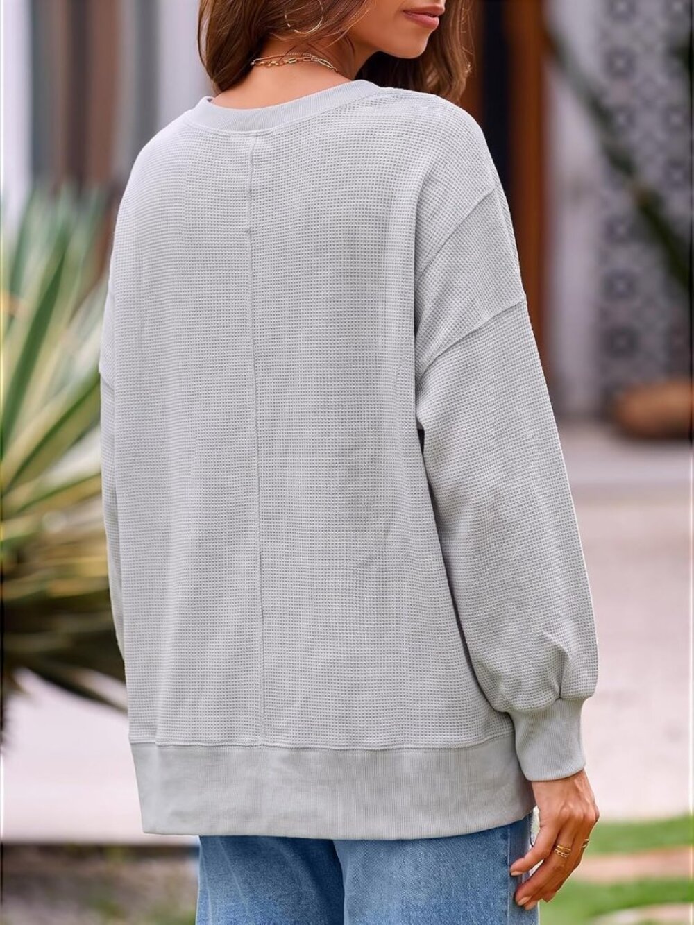 Women's Light Grey Fall Oversized Sweatshirt Casual Waffle Knit Long Tunic Tops - Picture 4 of 5